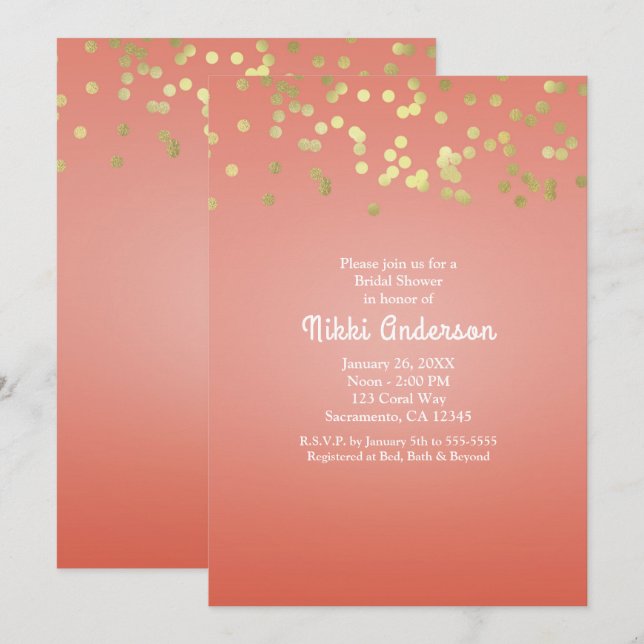 Coral Peach Dipped Chic Gold Dots Party Invitation (Front/Back)