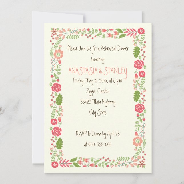 Coral peach floral border wedding rehearsal dinner invitation (Front)