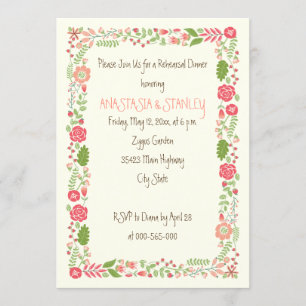 Coral peach floral border wedding rehearsal dinner invitation