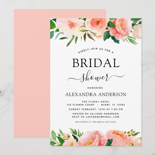 Coral Peach Floral Bridal Shower Greenery Invitation (Front/Back)