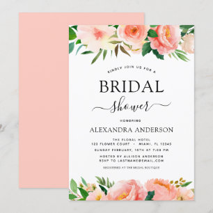 Coral Peach Floral Bridal Shower Greenery Invitation
