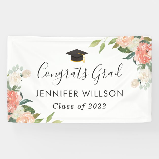 Coral Peach Floral Congrats Grad Graduation Party Banner (Horizontal)