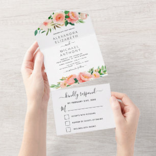 Coral Peach Floral Flowers Wedding All In One Invi Invitation