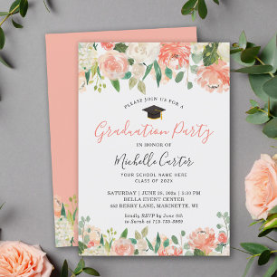 Coral Peach Floral Graduation Party Invitation