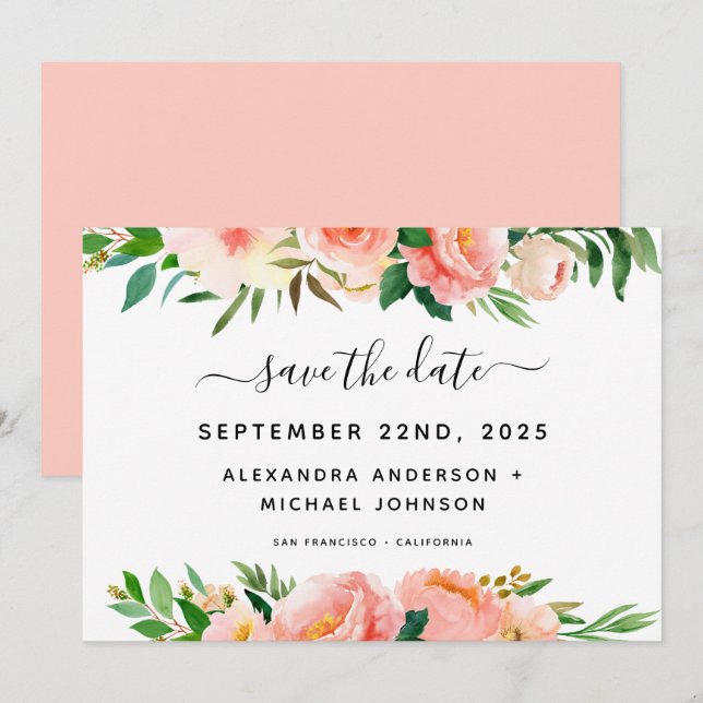 Coral Peach Floral Greenery Save the Date Invitati Invitation (Front/Back)