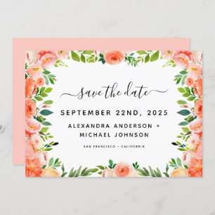 Coral Peach Floral Greenery Save the Date Invitation