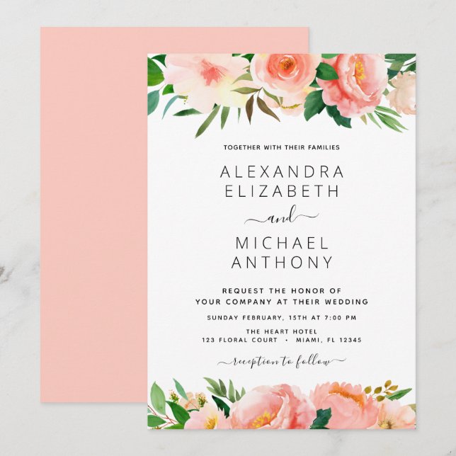 Coral Peach Floral Wedding Invitation (Front/Back)
