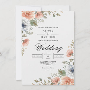 Coral Peach Floral Whimsy Wedding Invitation