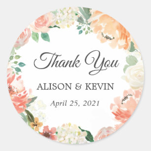 Coral Peach Floral Wreath Wedding Favour Thank You Classic Round Sticker