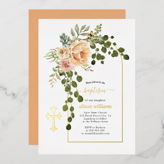 Coral peach flowers and arch floral baptism gold (Front/Back)