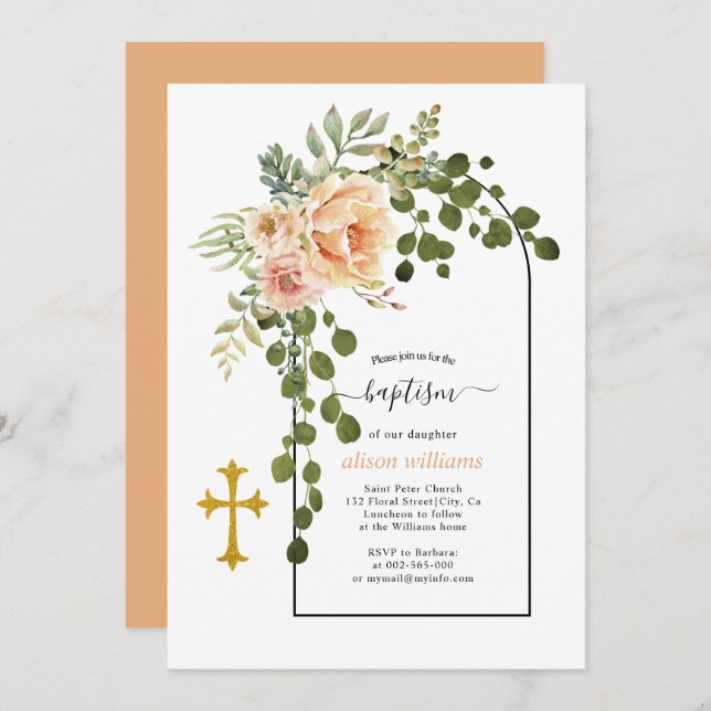 Coral peach flowers and arch floral baptism invitation (Front/Back)