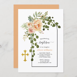 Coral peach flowers and arch floral baptism invitation