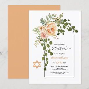 Coral peach flowers and arch floral Bat Mitzvah Invitation
