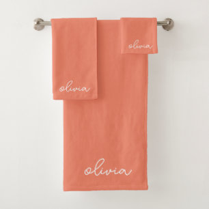 Coral Peach Girly Monogram Name  Bath Towel Set