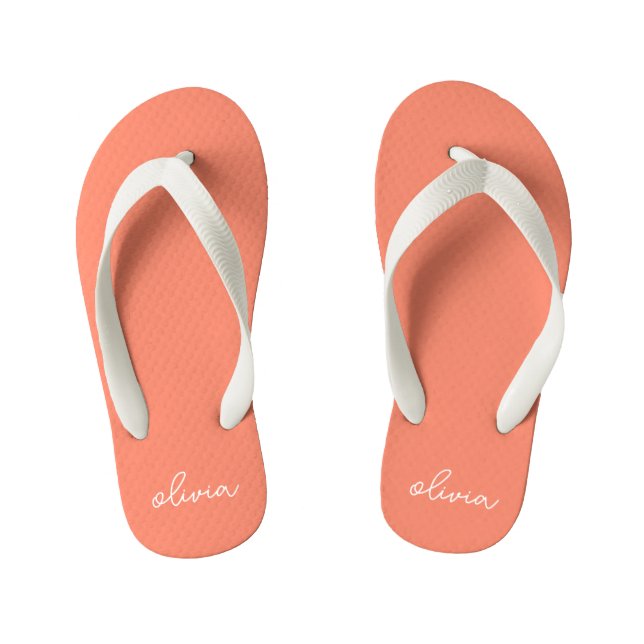 Coral Peach Girly Monogram Name  Kid's Flip Flops (Footbed)