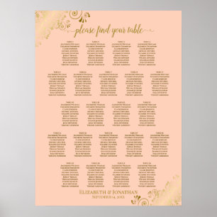 Coral Peach & Gold 22 Table Wedding Seating Chart