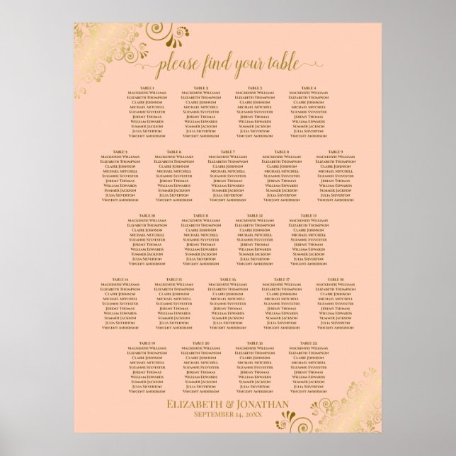 Coral Peach & Gold 22 Table Wedding Seating Chart (Front)