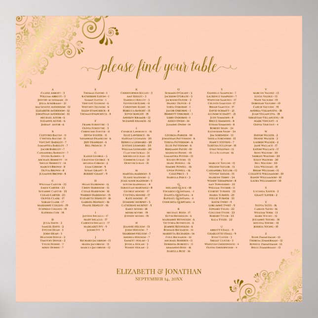 Coral Peach & Gold Alphabetical Seating Chart (Front)