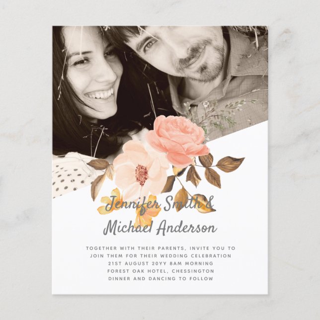 Coral Peach Gold Bronze Floral Wedding Invitations (Front)