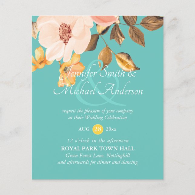Coral Peach Gold Bronze Floral Wedding Invitations (Front)