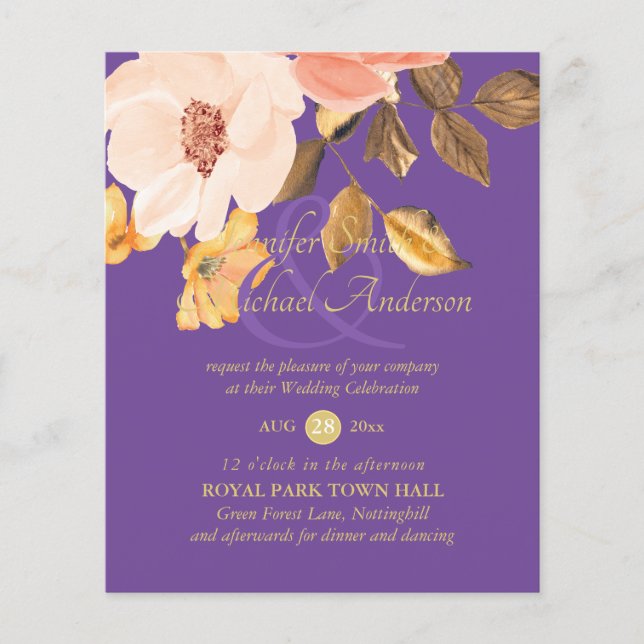 Coral Peach Gold Bronze Floral Wedding Invitations (Front)