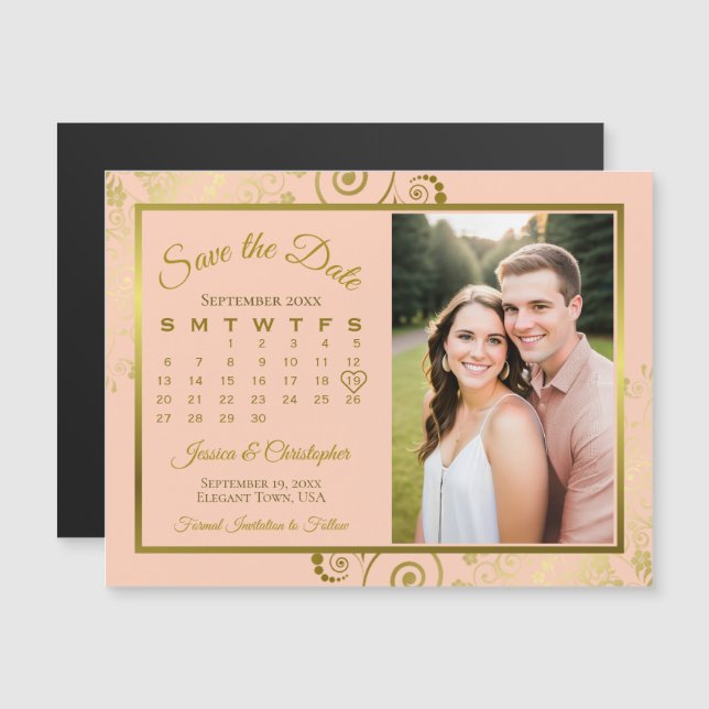 Coral Peach & Gold Calendar Photo Save Date Magnet (Front/Back)