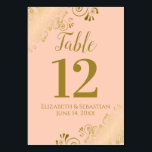 Coral Peach & Gold Lace Elegant Frilly Wedding Table Number<br><div class="desc">These beautiful wedding table number cards feature a simple yet elegant design with gold script calligraphy on a pale orange or coral peach coloured background with a frilly gold faux foil floral filigree in the corners. Perfect way to make your wedding reception beautiful and help your guests find the right...</div>
