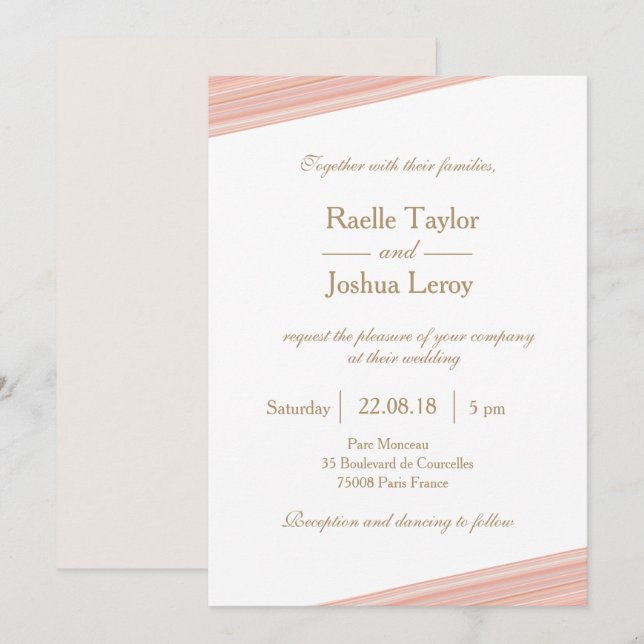Coral peach gold white subtle stripes wedding invitation (Front/Back)