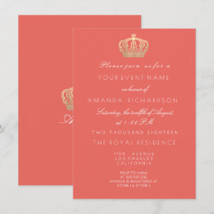 Coral Peach Golden Crown Royal Glitter 16th Bridal Invitation