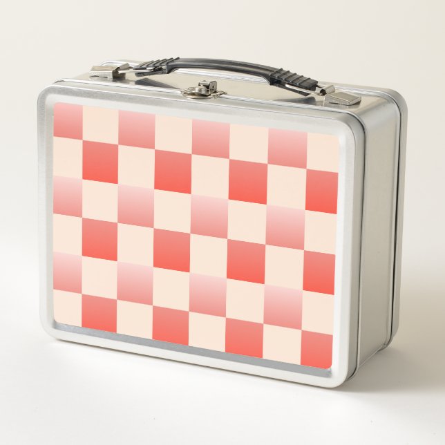 Coral Peach Gradient Chequered Metal Lunch Box (Front)