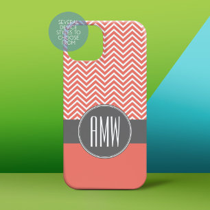 Coral Peach Grey Chevrons Custom Triple Monogram