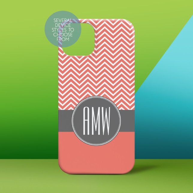 Coral Peach Grey Chevrons Custom Triple Monogram Case-Mate iPhone Case (Personalized Phone Case)