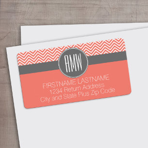 Coral Peach Grey Chevrons Custom Triple Monogram Label