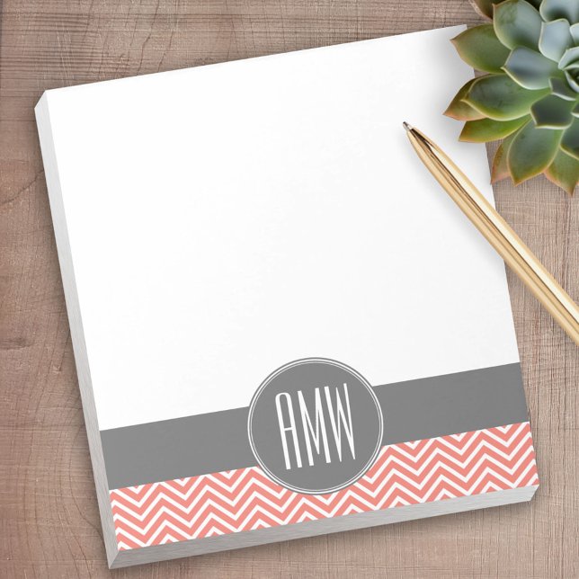 Coral Peach Grey Chevrons Custom Triple Monogram Notepad (Personalized Notepad - a fun gift or useful promotional product)