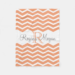 Coral Peach Grey Monogram Name Keepsake Chevron Fleece Blanket