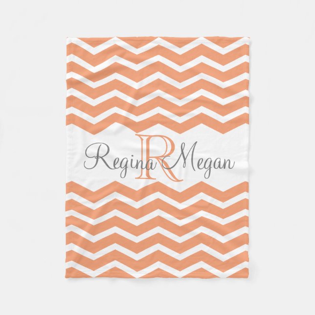 Coral Peach Grey Monogram Name Keepsake Chevron Fleece Blanket (Front)