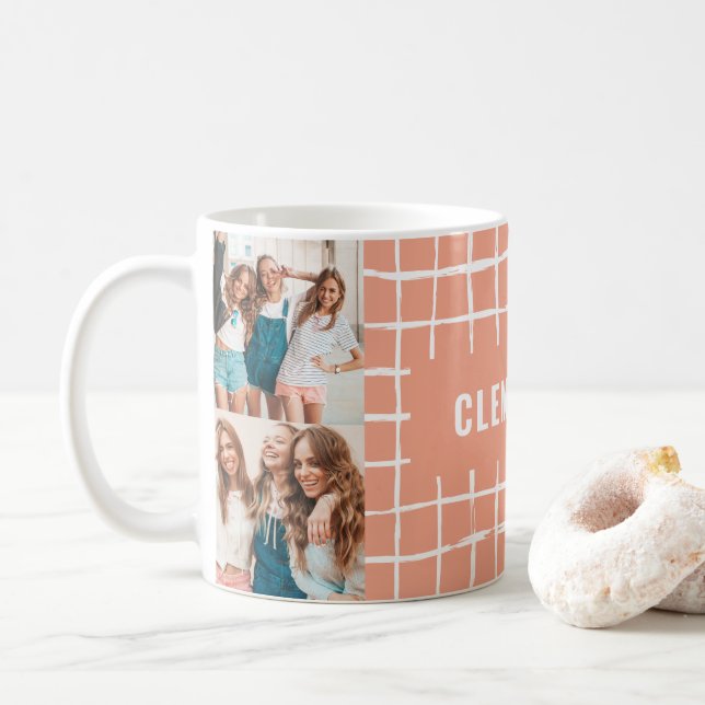 Coral peach grid 4 photo modern minimal simple coffee mug (With Donut)