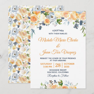 Coral Peach Navy Blue Watercolor Floral Wedding Invitation