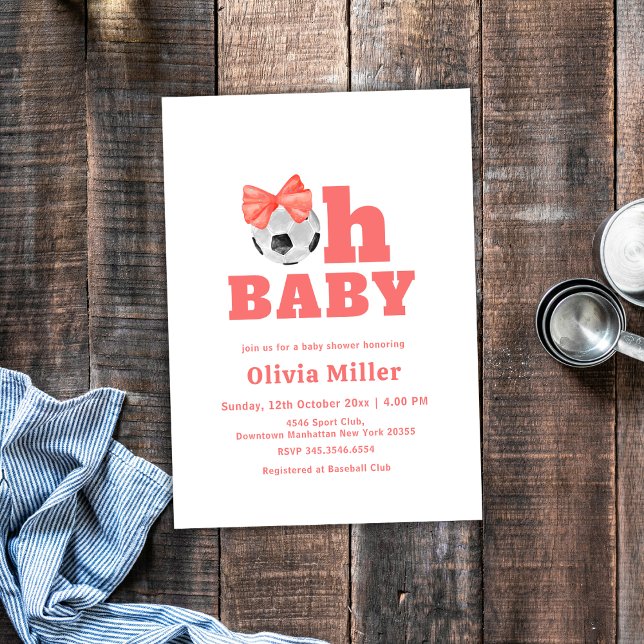 Coral Peach Oh Baby Bow Soccer Sport Baby Shower Invitation (Coral Peach Oh Baby Bow Soccer Sport Baby Shower Invitation)