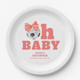 Coral Peach Oh Baby Bow Soccer Sport Baby Shower Paper Plate