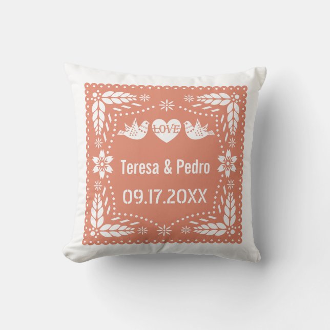 Coral peach papel picado love birds wedding   cushion (Front)