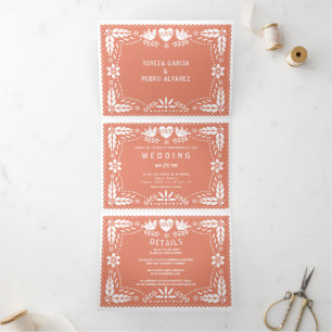 Coral peach papel picado love birds wedding Tri-Fold invitation