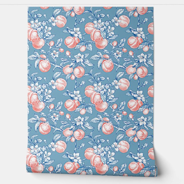 Coral peach pattern on blue background wallpaper (Unrolling)