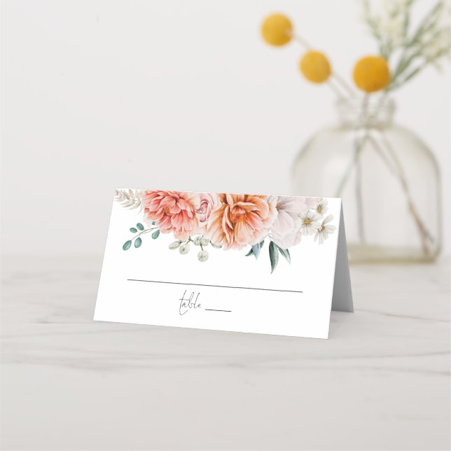 Coral Peach Peonies Script Wedding Place Card (Front)