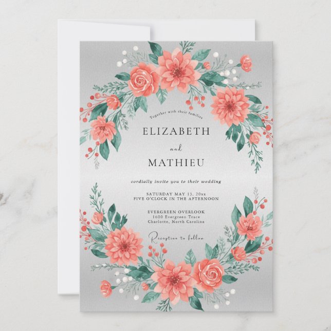 Coral Peach Peony Wedding Invitation (Front)