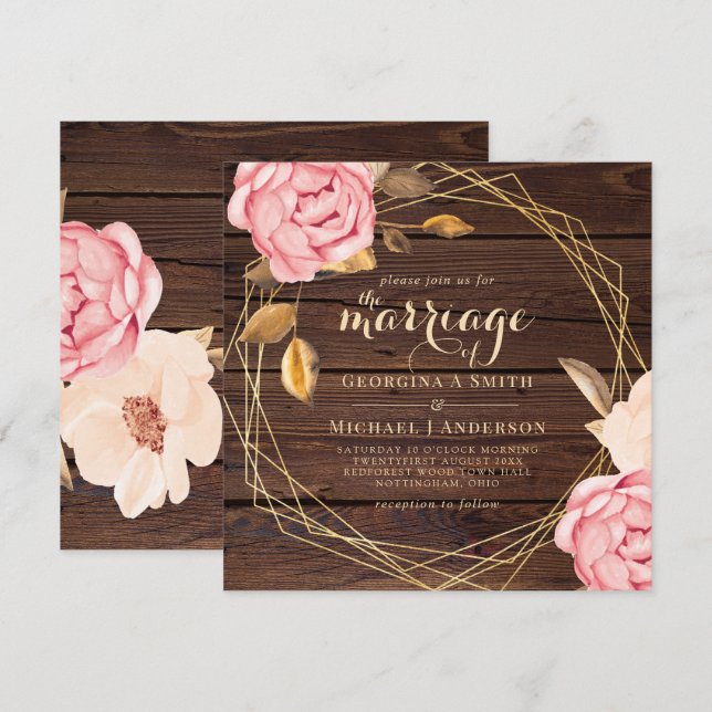 Coral Peach Pink Gold Floral Wedding Invitations (Front/Back)