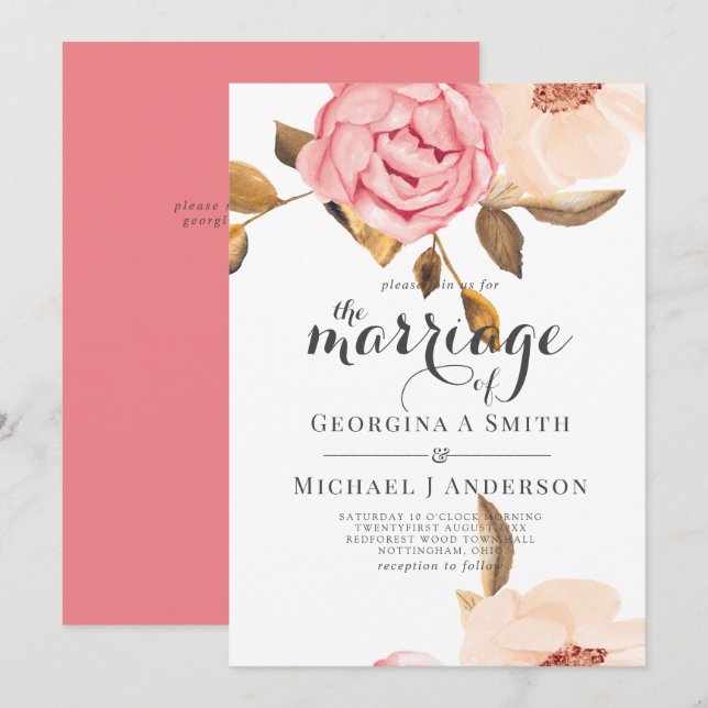 Coral Peach Pink Gold Floral Wedding Invitations (Front/Back)