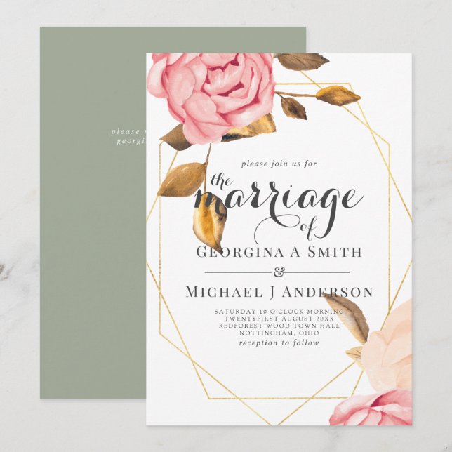 Coral Peach Pink Gold Floral Wedding Invitations (Front/Back)