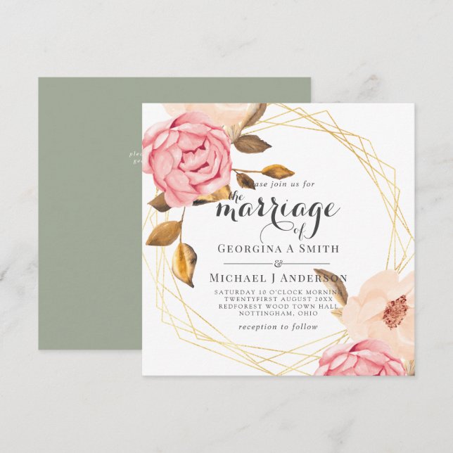 Coral Peach Pink Gold Floral Wedding Invitations (Front/Back)