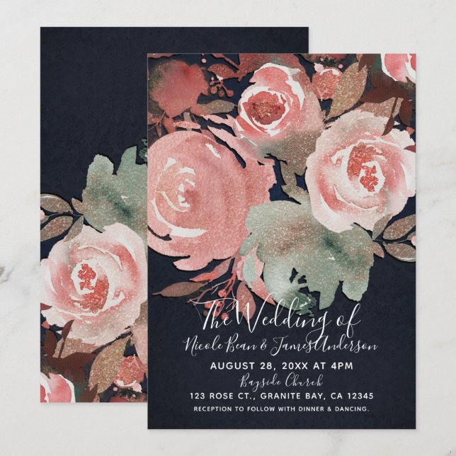 Coral Peach Pink Soft Bold Floral Bouquet Wedding Invitation (Front/Back)